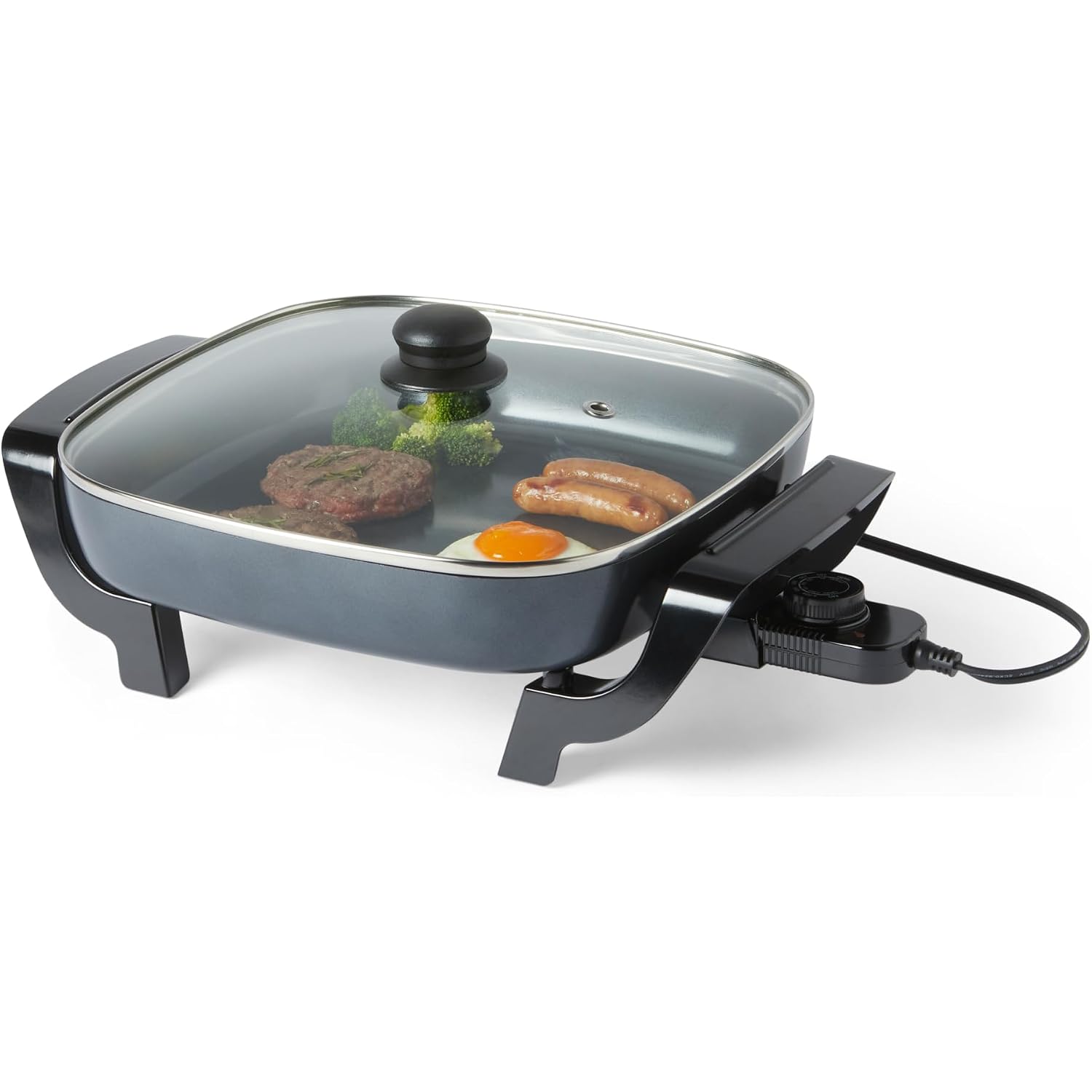 Amazon Basics Electric Skillet And Frying Pan With Glass Lid, Nonstick Ceramic Coating, Adjustable Temperature Control, 15.6 X 12.1 X 6.9 Inch, Black