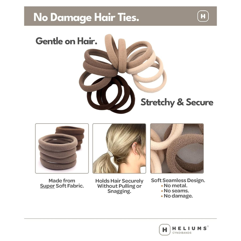 Heliums Soft Hair Ties - No Damage Seamless Nylon Fabric Bands, Stretchy Ponytail Holders For Thin & Thick Hair - Standard 1.5 Inch, Neutrals, 20 Pack