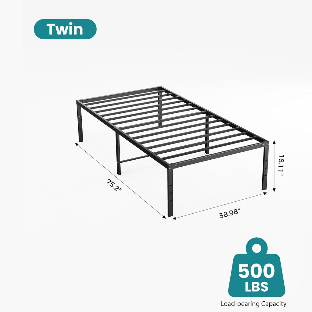 Sweetcrispy Twin Size 18 Inch Platform Bed Frame, Heavy Duty Metal Foundation Frame, Noise-Free Sturdy Steel Slats, Underbed Storage, No Box Spring Needed, Quick Setup