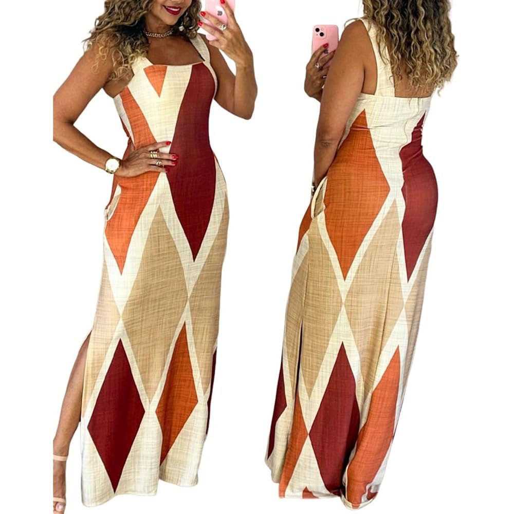 Chicme Women'S Summer Maxi Dress Casual Thick Strap Square Neck Boho Sundress Split Vacation Dresses With Pockets