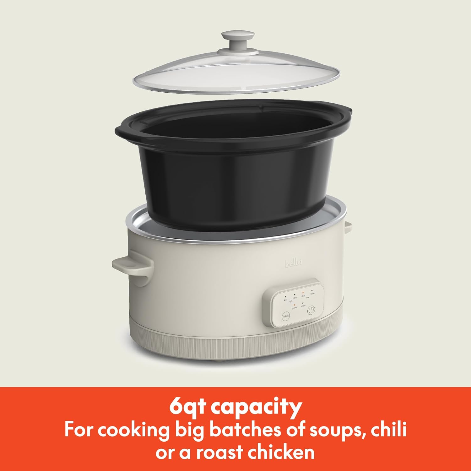 bella 6.0 Qt Programmable Slow Cooker, Ceramic Nonstick Coating, Adjustable Temperature & Cooking Times, Dishwasher Safe Stoneware Pot & Tempered Glass Lid, Tangle Free Cord Wrap, Oatmilk