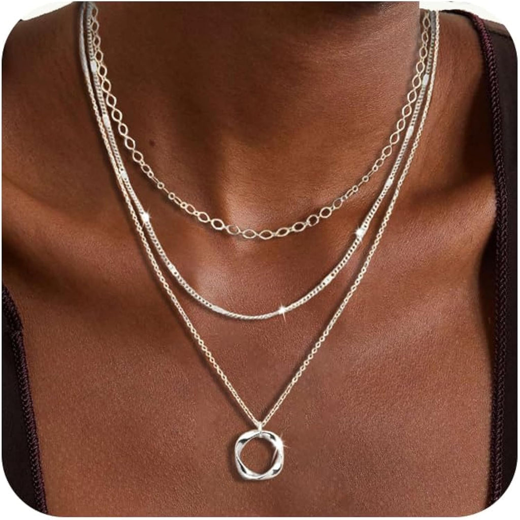 Cuzmly Layered Silver Necklaces for Women, Sterling Silver Stackable Stack Choker Necklaces for Women Trendy Layering Circle Pendant Chain Necklace Set Jewelry for Women