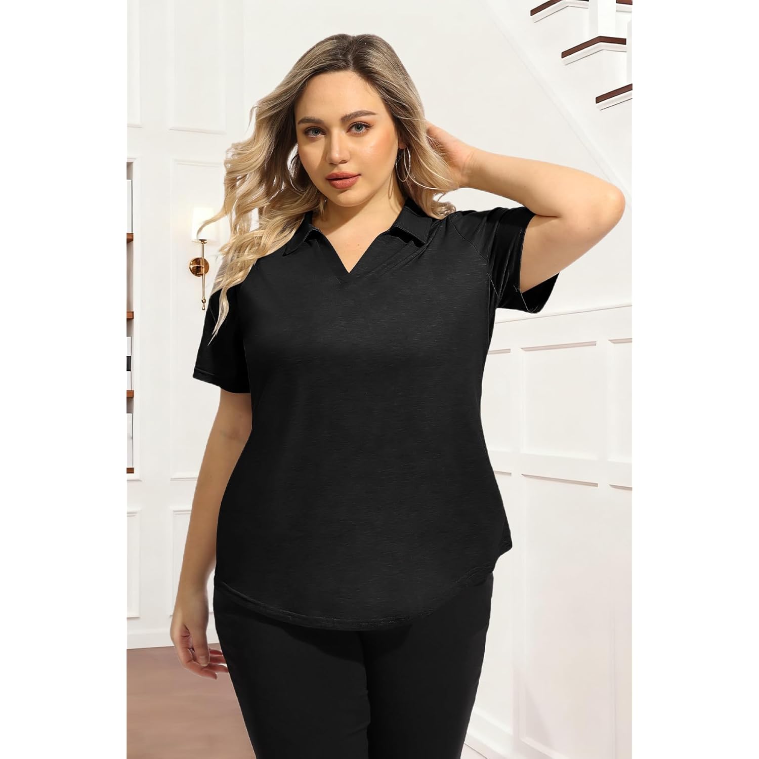 Plus Size Tops for Womens Polo Shirt Zipper Tshirt Office Business V Neck Tunic Work Blouses Dressy Collared Clothes