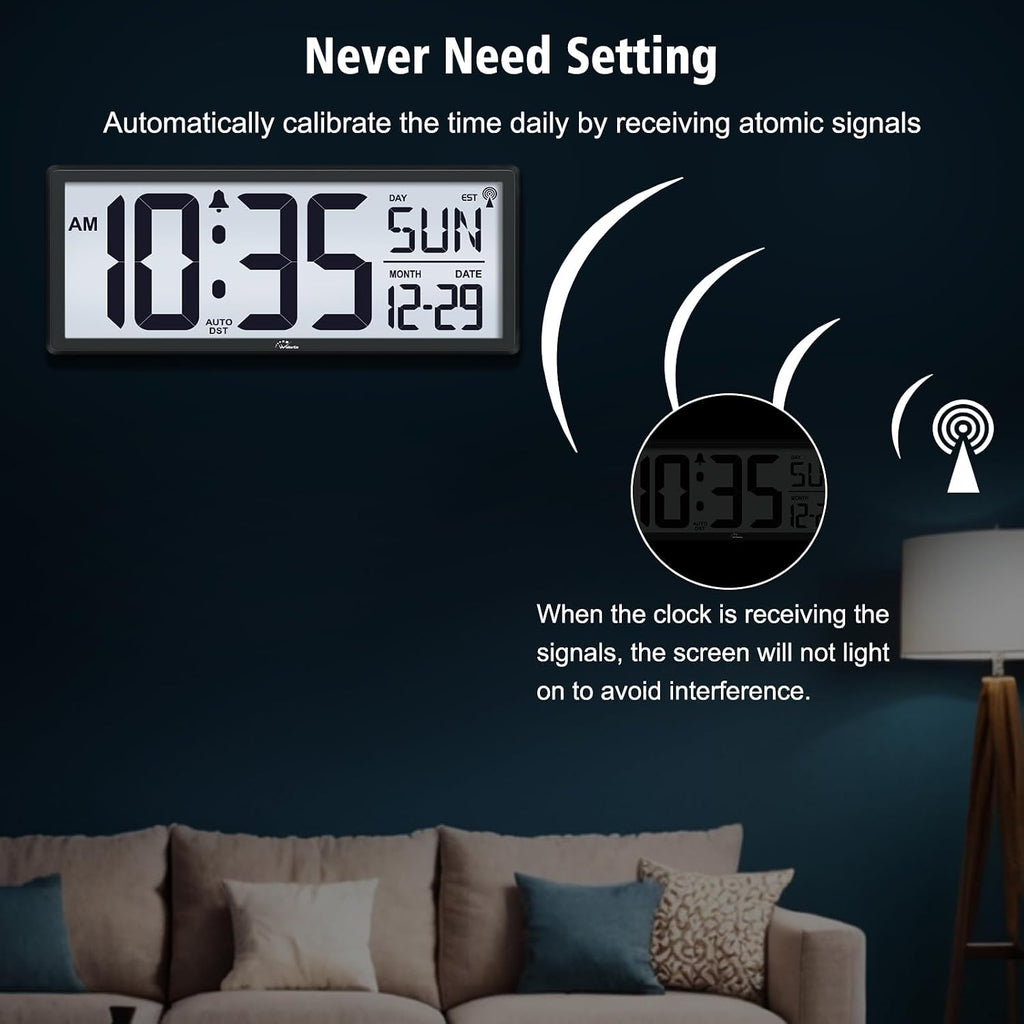 14.5'' Atomic Clock With Backlight, Large Digital Wall Clock Battery Operated, Large Display With Temperature And Date, Easy To Read And Set Digital Wall Clock, Auto Dst