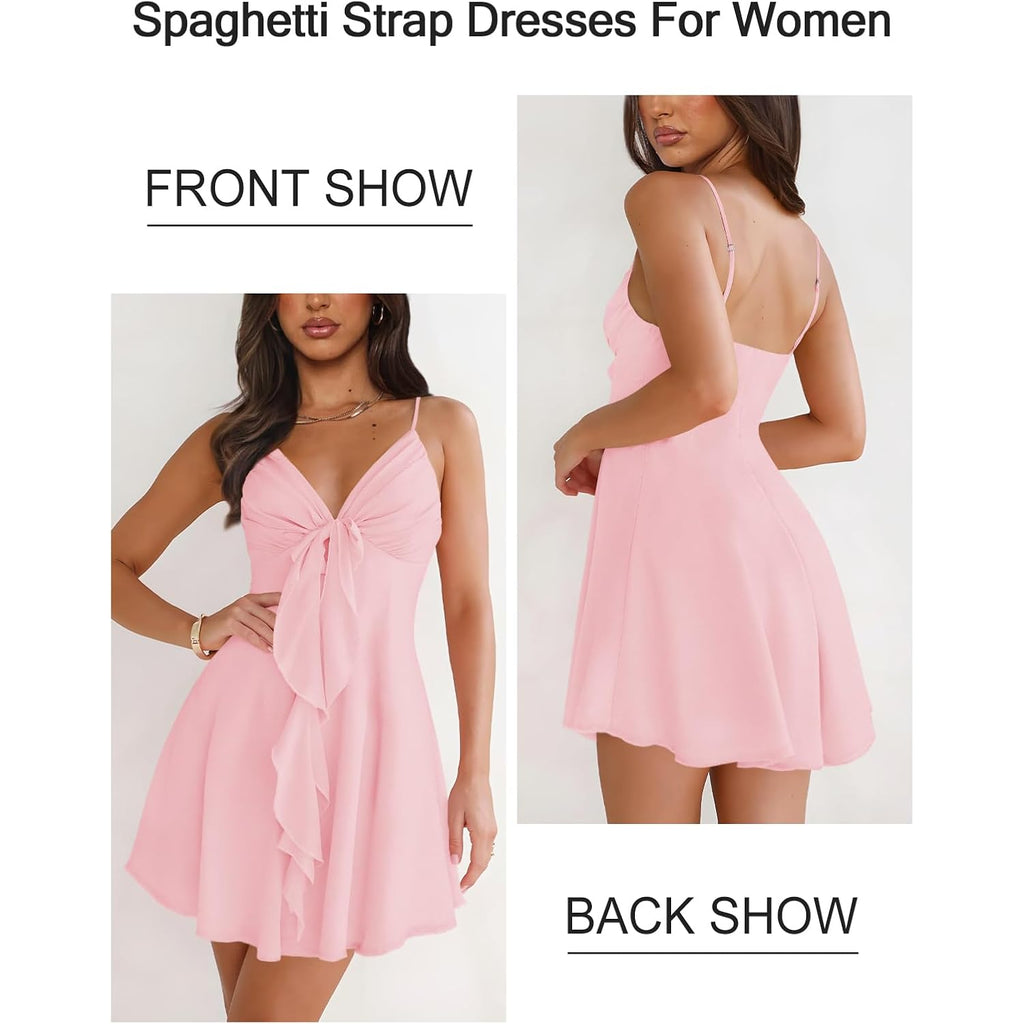 Miyieonz Women Sleeveless Sexy V Neck Summer Dress For Women Casual Flowy Beach Club Party Spaghetti Strap Mini Sundress
