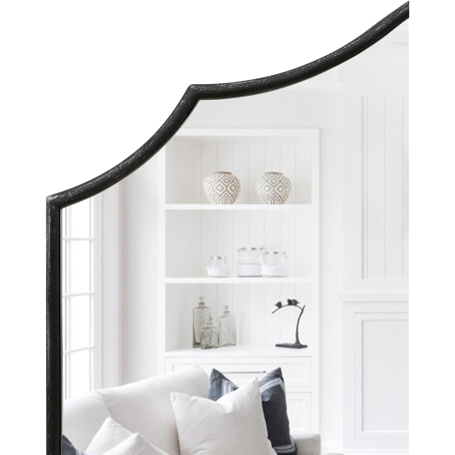 Scalloped Arched Mirror For Mantel: 35"X26" Black Modern Wooden Wall Mirror - Minimalist Decorative Dresser For Vanity/Bathroom/Bedroom/Fireplace/Living Room/Entryway - Stylish Home Decor