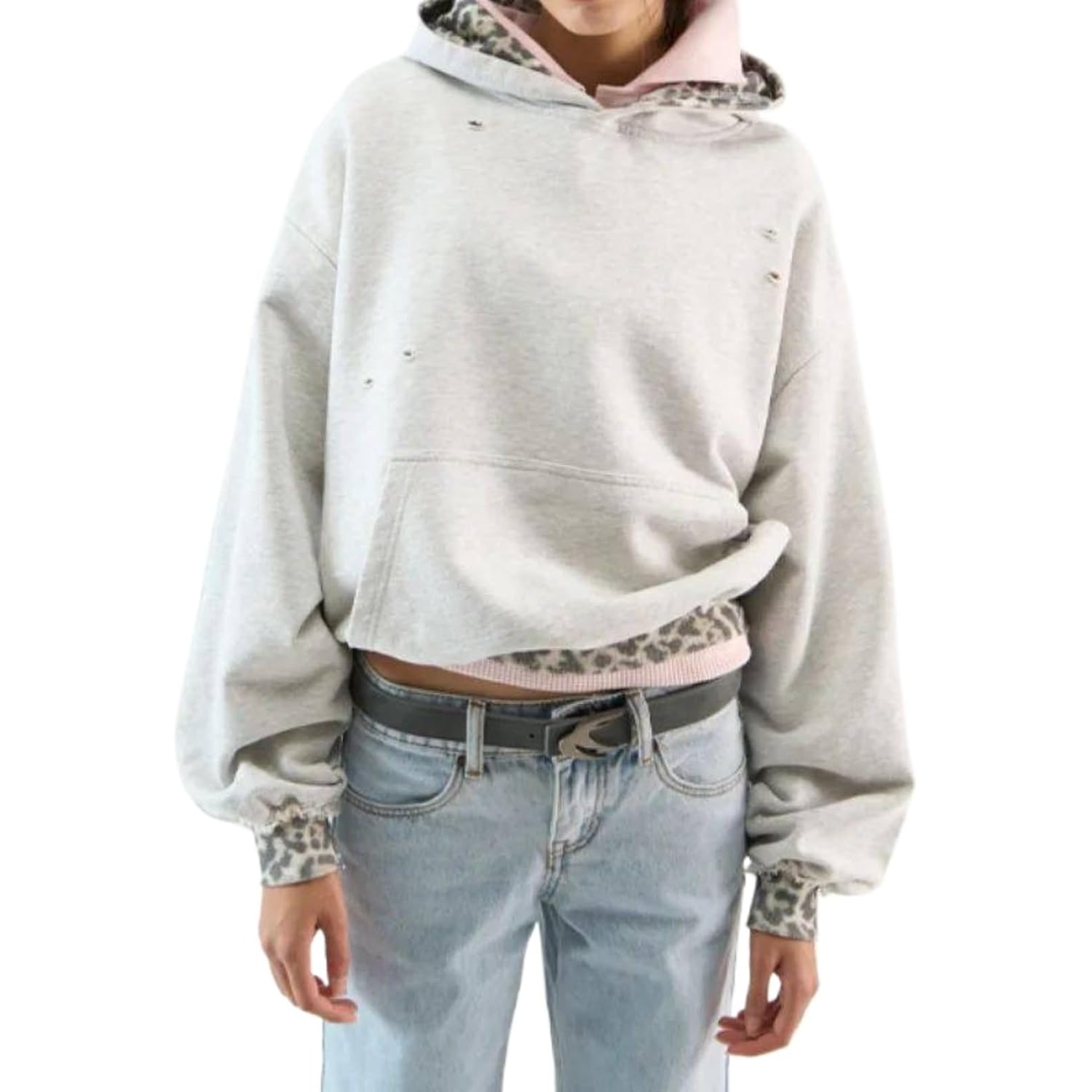 Womens Leopard Patchwork Hoodies Sweatshirt Y2K Animal Printed Vintage Oversized Pullover