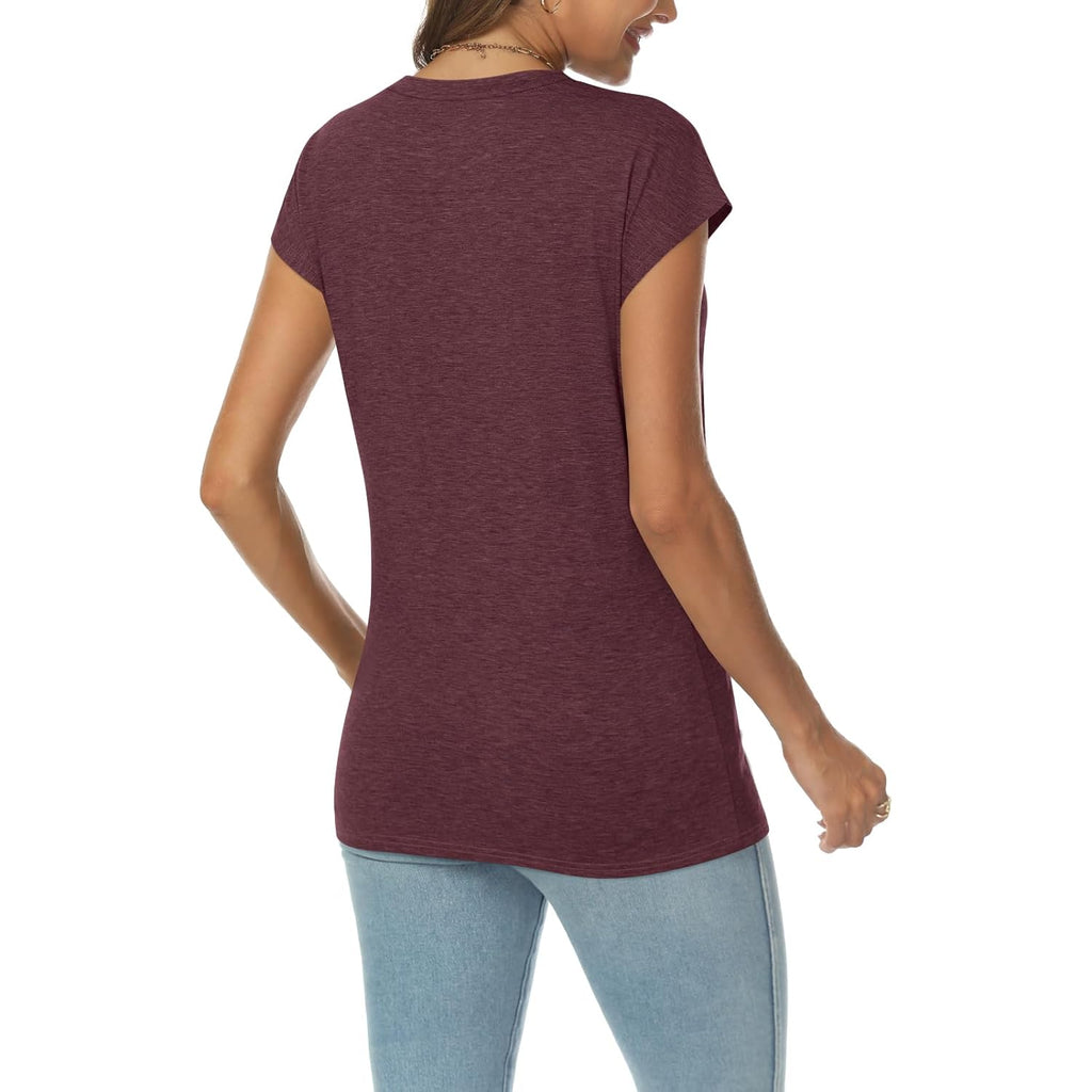 Womens V Neck T Shirts Spring Summer Cap Sleeve Basic Tees Trendy Cute Tops for Work Dressy Casual Beach Vacation