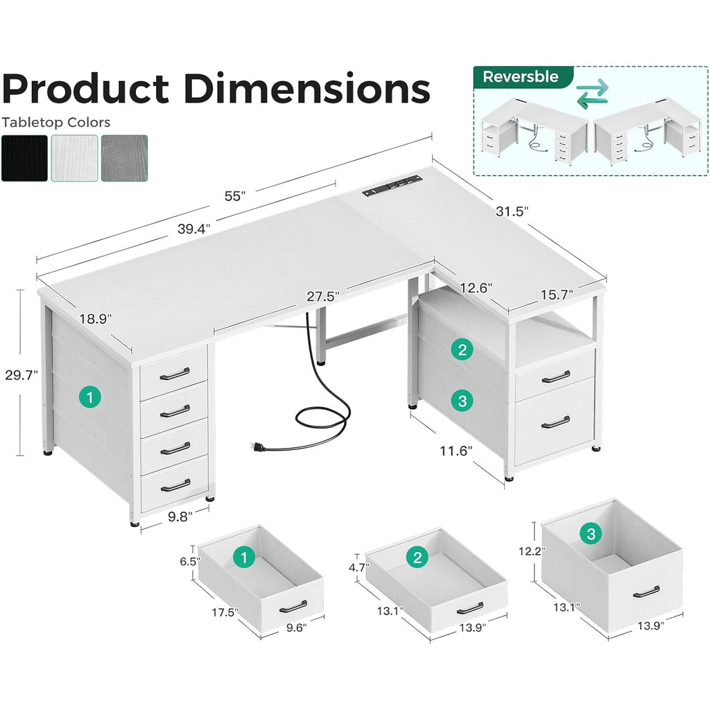 Coleshome L Shaped Computer Desk With 6 Fabric Drawers & Power Outlet, 55 Inch Corner Desk With Reversible Storage Shelf & File Drawer, Home Office Desk, White