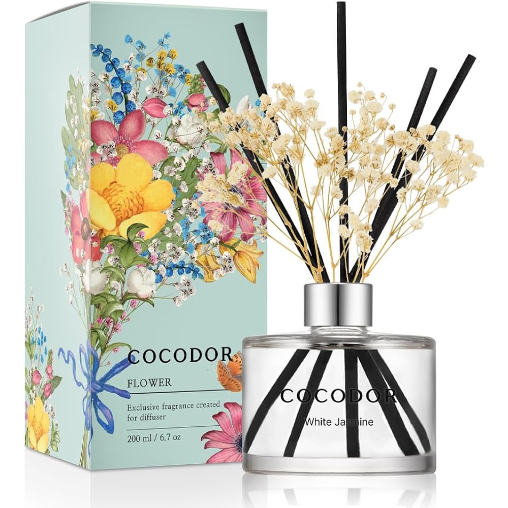 Cocodor Flower Reed Diffuser Set / 6.7Oz / White Jasmine/Scent Diffuser With Sticks Home Fragrance Reed Diffuser For Bathroom Shelf Decor