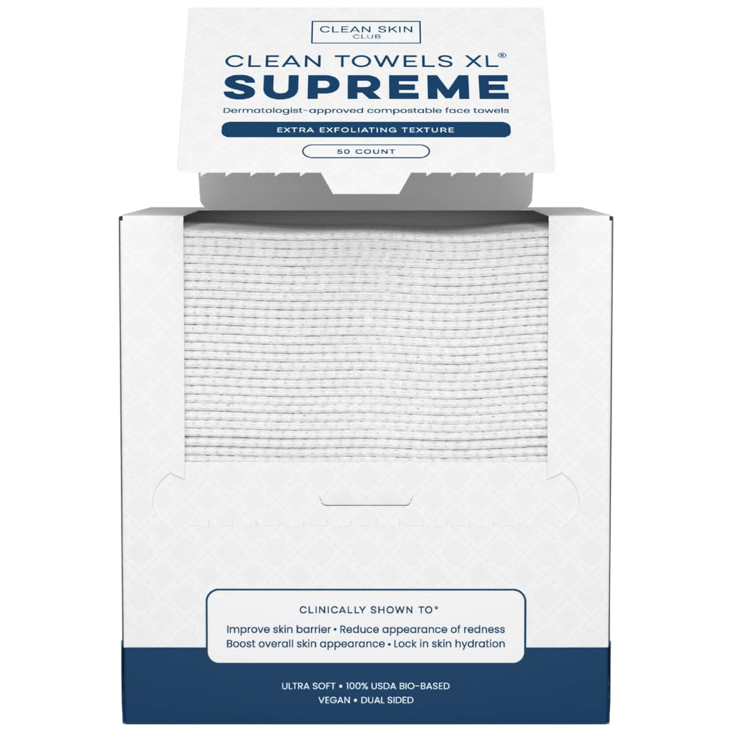Clean Skin Club Clean Towels Xl® Supreme, 100% Usda Biobased Face Towel, Disposable Face Towelette, Eczema Association Accepted, Thicker Textured Dry Wipes, Ultra Absorbent & Soft, 1 Pack, 50 Ct