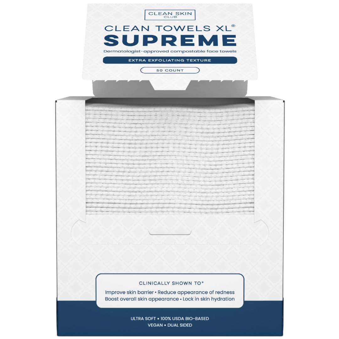 Clean Skin Club Clean Towels Xl® Supreme, 100% Usda Biobased Face Towel, Disposable Face Towelette, Eczema Association Accepted, Thicker Textured Dry Wipes, Ultra Absorbent & Soft, 1 Pack, 50 Ct