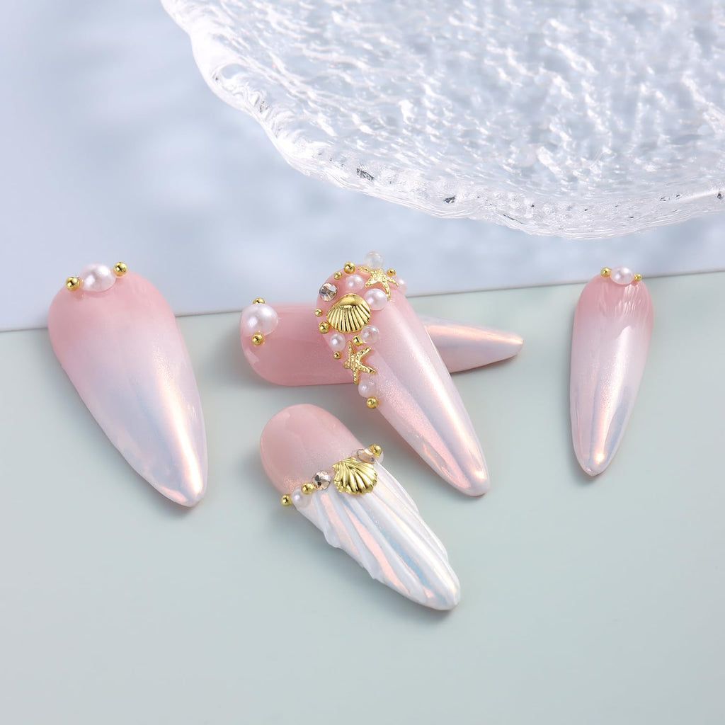 Summer Nail Charms, 3D Beach Nail Charms Metal Starfish Seashell Tropical Ocean Nail Art Decorations, Gold Beads and Pearls Rhinestones with Tweezers for Manicure, concha nacar para uñas