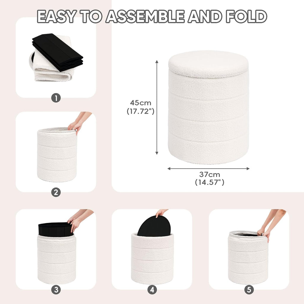 Round Storage Ottoman Foot Rest Stool With Tray Velvet Sherpa Folding Storage Ottoman,Boucle Foot Rest For Living Room, Bedroom, Dorm（White）