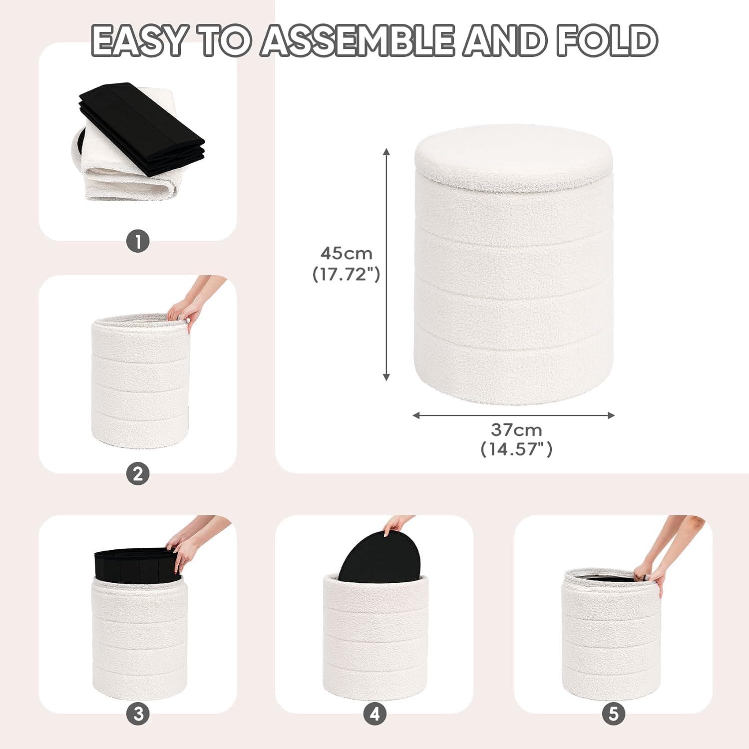 Round Storage Ottoman Foot Rest Stool With Tray Velvet Sherpa Folding Storage Ottoman,Boucle Foot Rest For Living Room, Bedroom, Dorm（White）