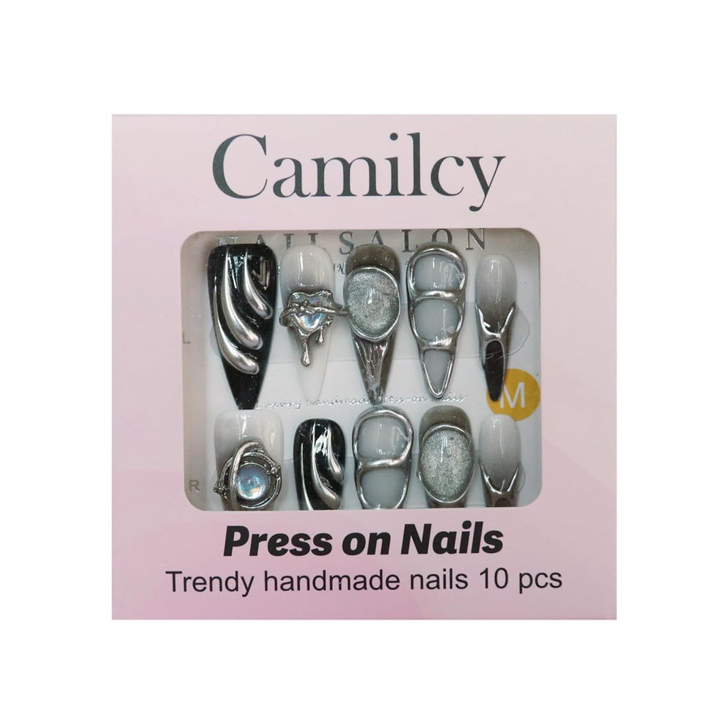 Luxury Handmade Press on Nails Black White Almond Tip Stiletto 3D Chrome Cyber Goth Glossy Long Silvery Fake Nails Rhinestones Reusable Acrylic Nail Tips for Women 10pcs (A70, L)
