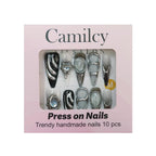 Luxury Handmade Press on Nails Black White Almond Tip Stiletto 3D Chrome Cyber Goth Glossy Long Silvery Fake Nails Rhinestones Reusable Acrylic Nail Tips for Women 10pcs (A70, L)