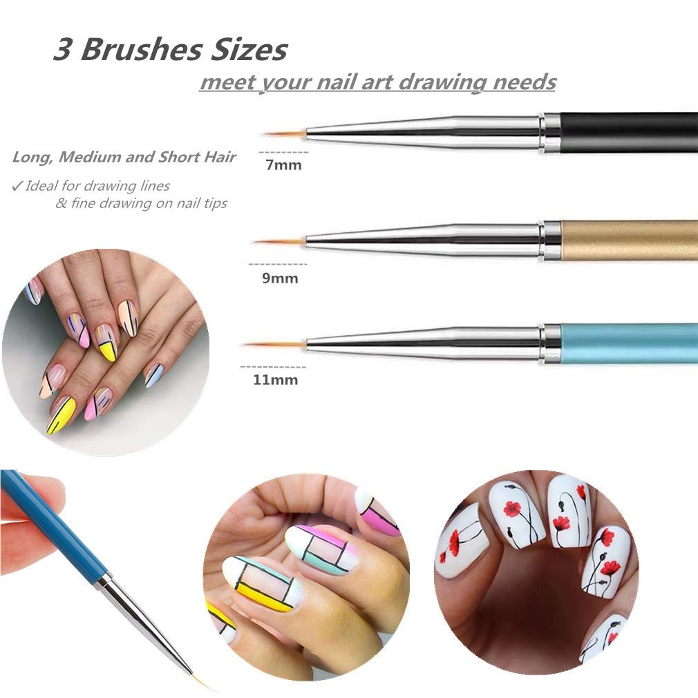 3PCS Nail Art Liner Brushes, UV Gel Painting Acrylic Nail Design Nylon Brush, Nail Painting Drawing Pens (7/9/11mm)
