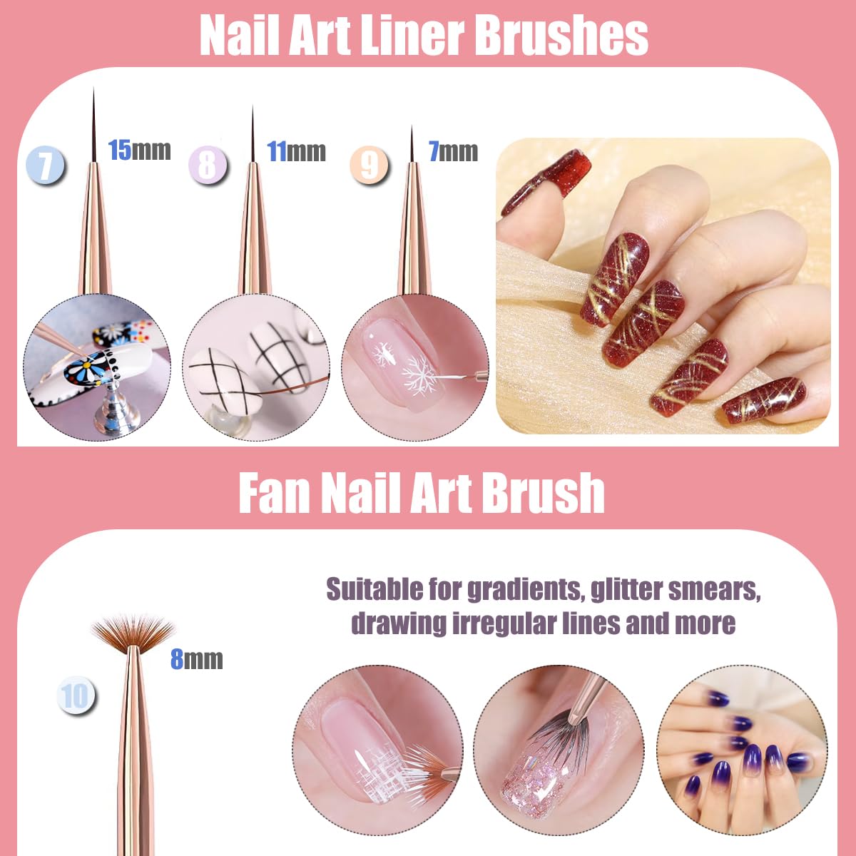 KINGMAS 10 Pcs Nail Art Brushes, Clean Up Painting Brush Drawing Pen, Nail Liner Brush and Nail Dotting Pen