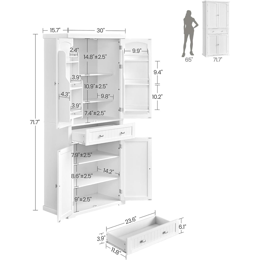 Vasagle Pantry Cabinet, Tall Storage Cabinet With Drawer, 71.7-Inch | Freestanding Cupboard With 2 Cabinets, 4 Adjustable Shelves, 6 Door Shelves, White, Ubbc561P31V2