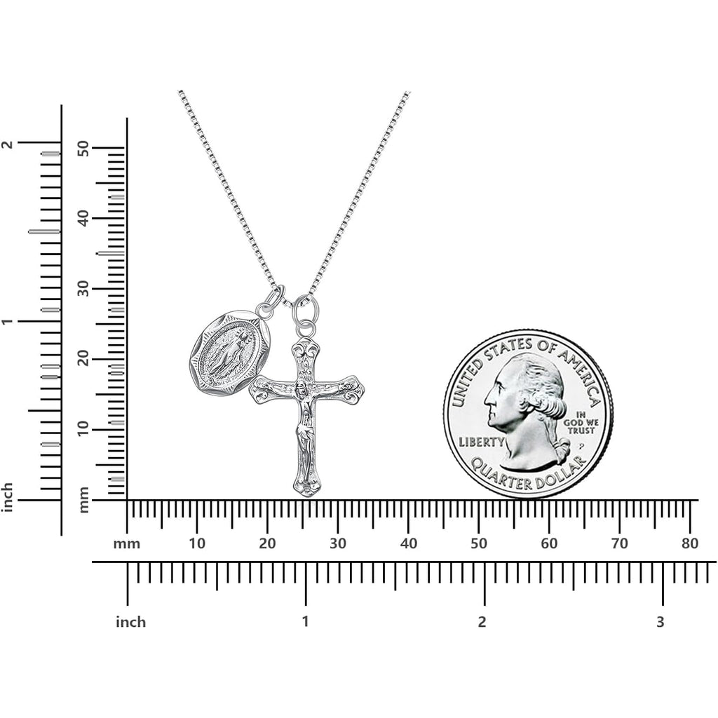 Rnivida 925 Sterling Silver Crucifix Cross and Miraculous Medal Pendant Necklace for Women