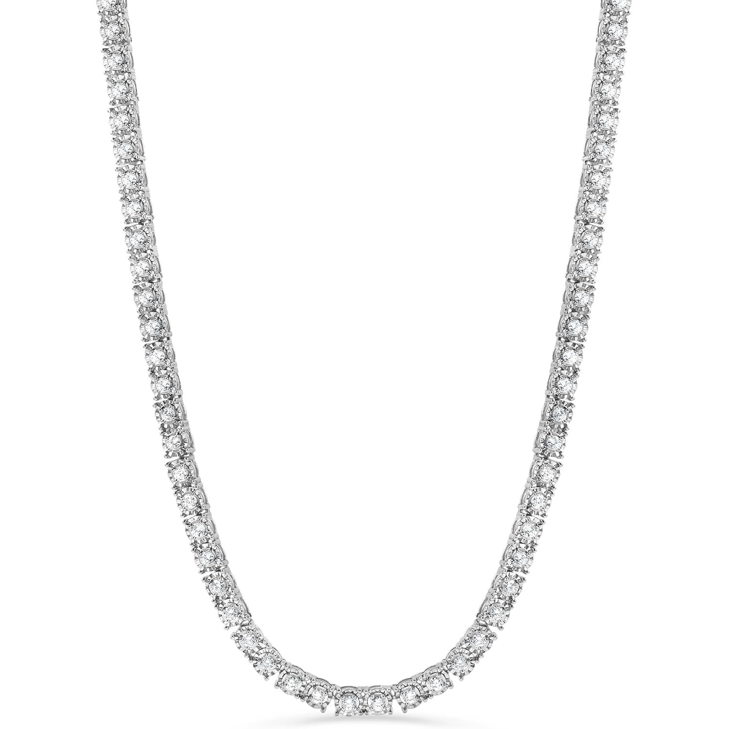 Belacqua 2 Carat Round Lab Grown Diamond Tennis Necklaces in Sterling Silver, Chain Length 16.5 Inches, Round Cut 3.7 mm, J-K Color, I1-I2 Clarity, 75% Diamond Coverage, Gift Box Included