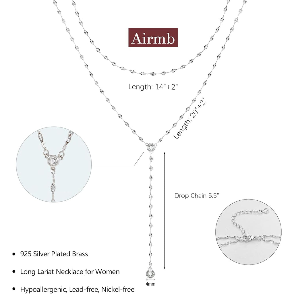 Airmb Lariat Silver/Gold Necklace for Women 925 Silver/14K Gold Plated Dainty Long Necklace Y-Shaped Drop Pendant Necklaces Choker Trendy Chain Simple Layered Necklaces CZ Jewelry for Women Set Gift