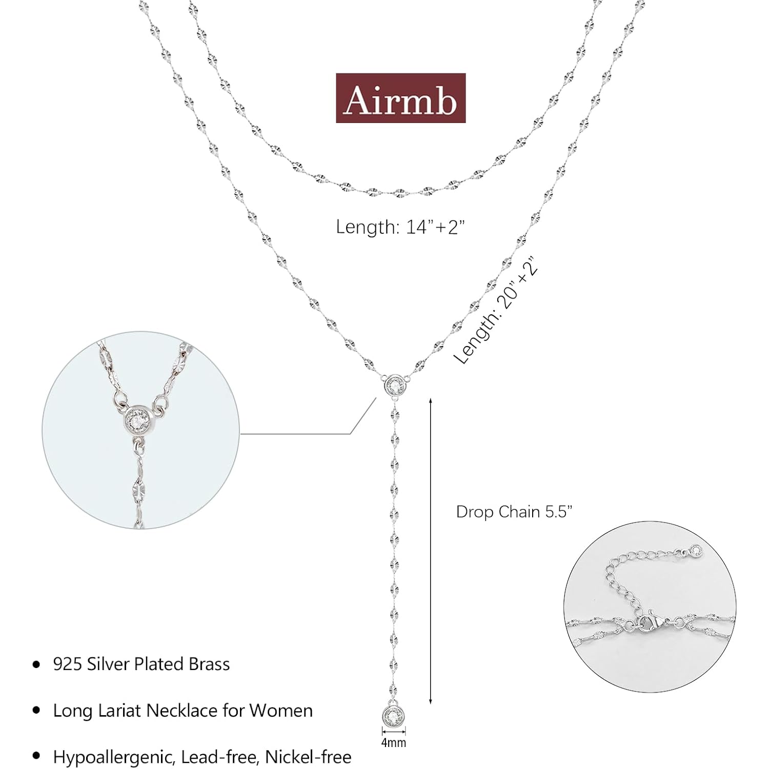 Airmb Lariat Silver/Gold Necklace for Women 925 Silver/14K Gold Plated Dainty Long Necklace Y-Shaped Drop Pendant Necklaces Choker Trendy Chain Simple Layered Necklaces CZ Jewelry for Women Set Gift