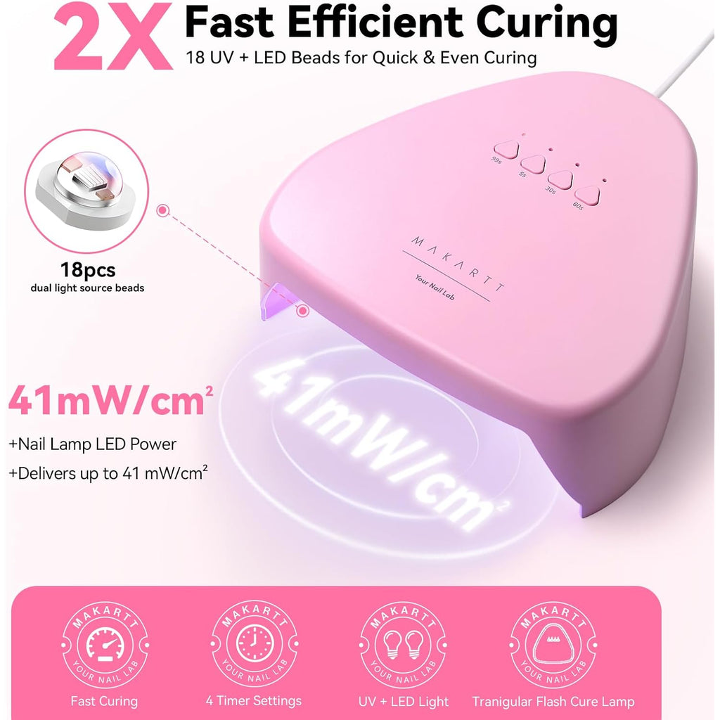 Compact Travel UV Nail Lamp for Gel Polish, Makartt 41mW/cm² Plug-in Nail Dryer with 5s Flash Cure, 99s Mode for Dark Thick Gels, Auto Sensor, 4 Timers & 18 LED Beads for Beginner Home DIY Gift (Pink)
