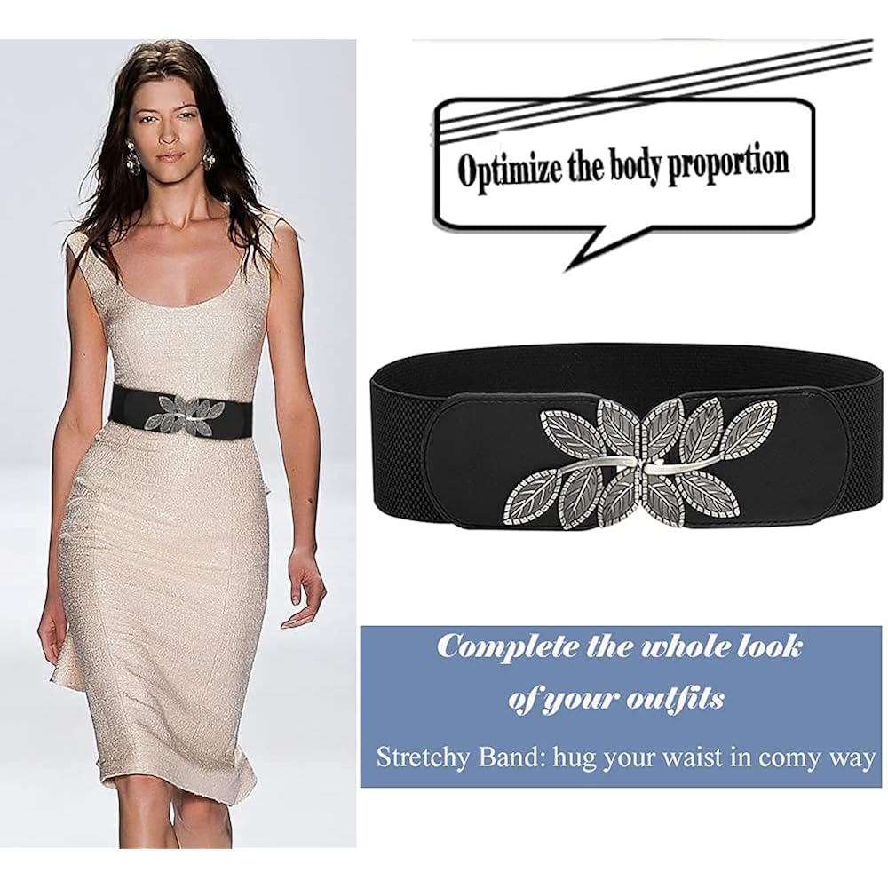 Women's Stretchy Belt for Dress Vintage Wide Gold/silver Leaf Buckle Waist Belts for women Elastic Waistband