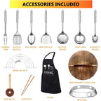 14 Piece Carbon Steel Wok Pan, Woks & Stir-Fry Pans Set With Wooden Lid Cookwares, No Chemical Coated Flat Bottom Chinese Pan For Induction, Electric, Gas, Halogen All Stoves - 12.6''