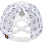 C.C Women's Criss-Cross Ponytail Baseball Cap – Embroidered Cotton Front, American Flag Mesh Back, Adjustable Velcro Flag-white