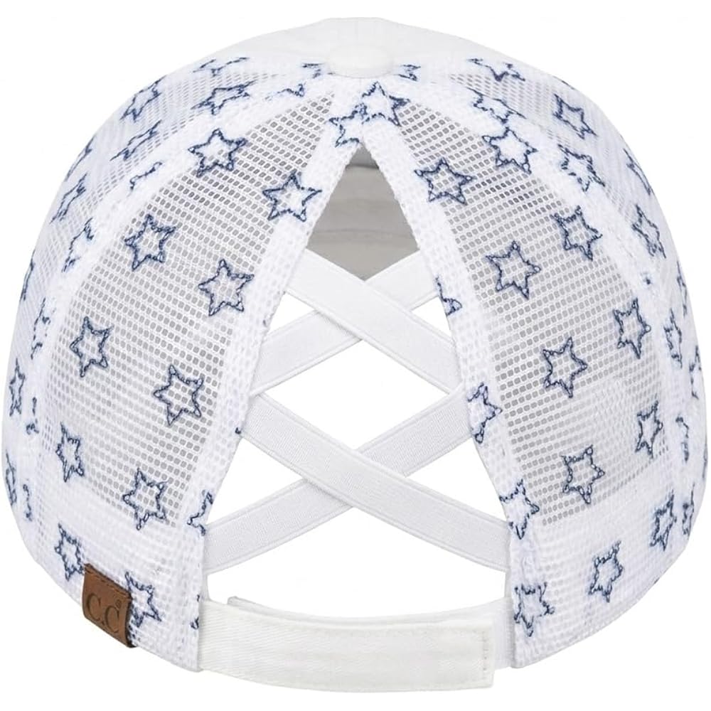 C.C Women's Criss-Cross Ponytail Baseball Cap – Embroidered Cotton Front, American Flag Mesh Back, Adjustable Velcro Flag-white