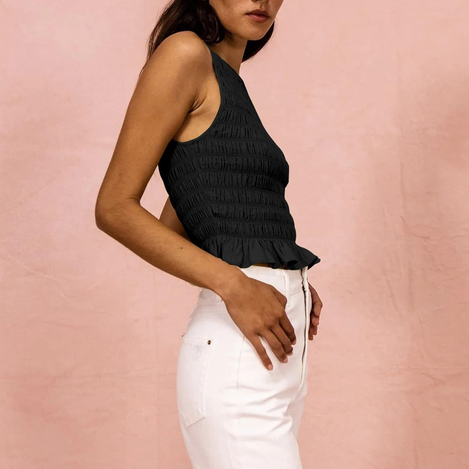 Women Shirred Tank Top Ruffle Sleeveless Tanks Frill Smocked Halter Cami Tops Summer Streetwear