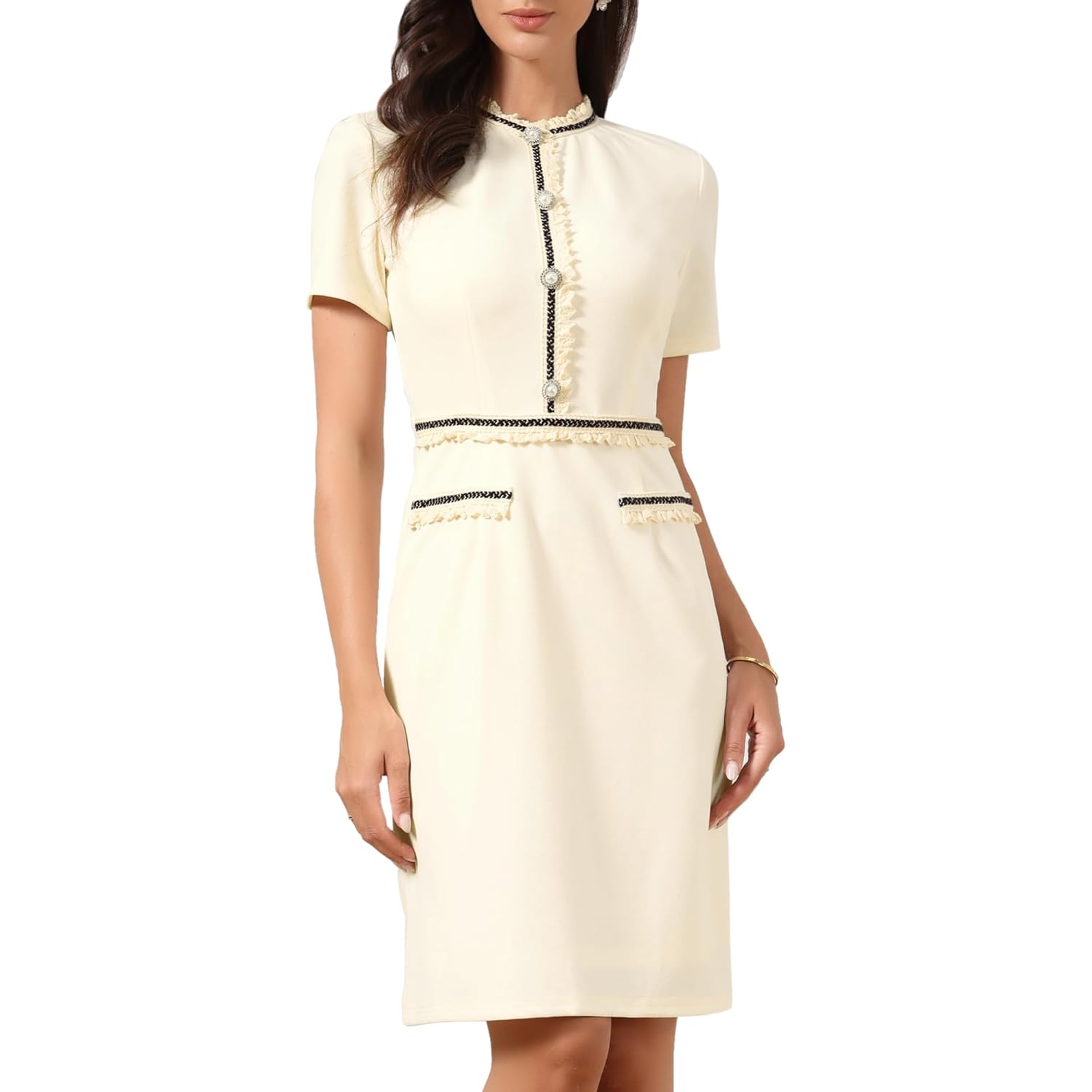 Knee Length Dress for Women Short Sleeve Crew Neck Pearls Decro Bodycon Business Work Elegant Dresses