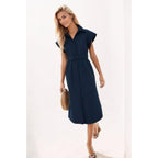 Ladyful Women Casual Button Down Shirt Dress Short Wing Sleeve Buiness Midi Shirt Dress With Belt Elegant Dress