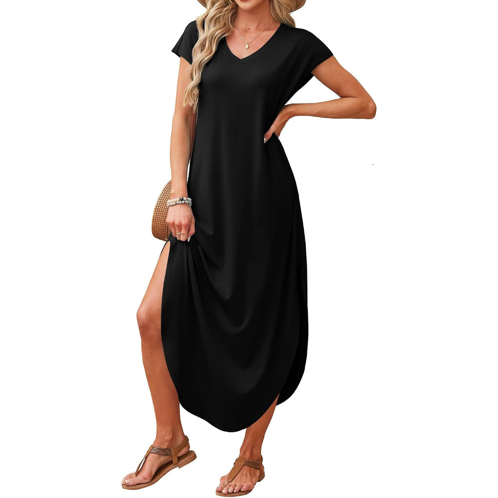 Rumia Summer Maxi Dresses For Women Cap Sleeve Long Sundress With Pockets