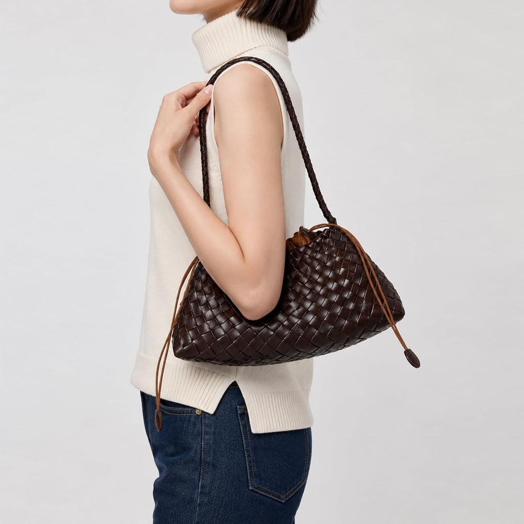 Small Woven Purse For Women Vegan Leather Underarm Shoulder Hobo Handbag