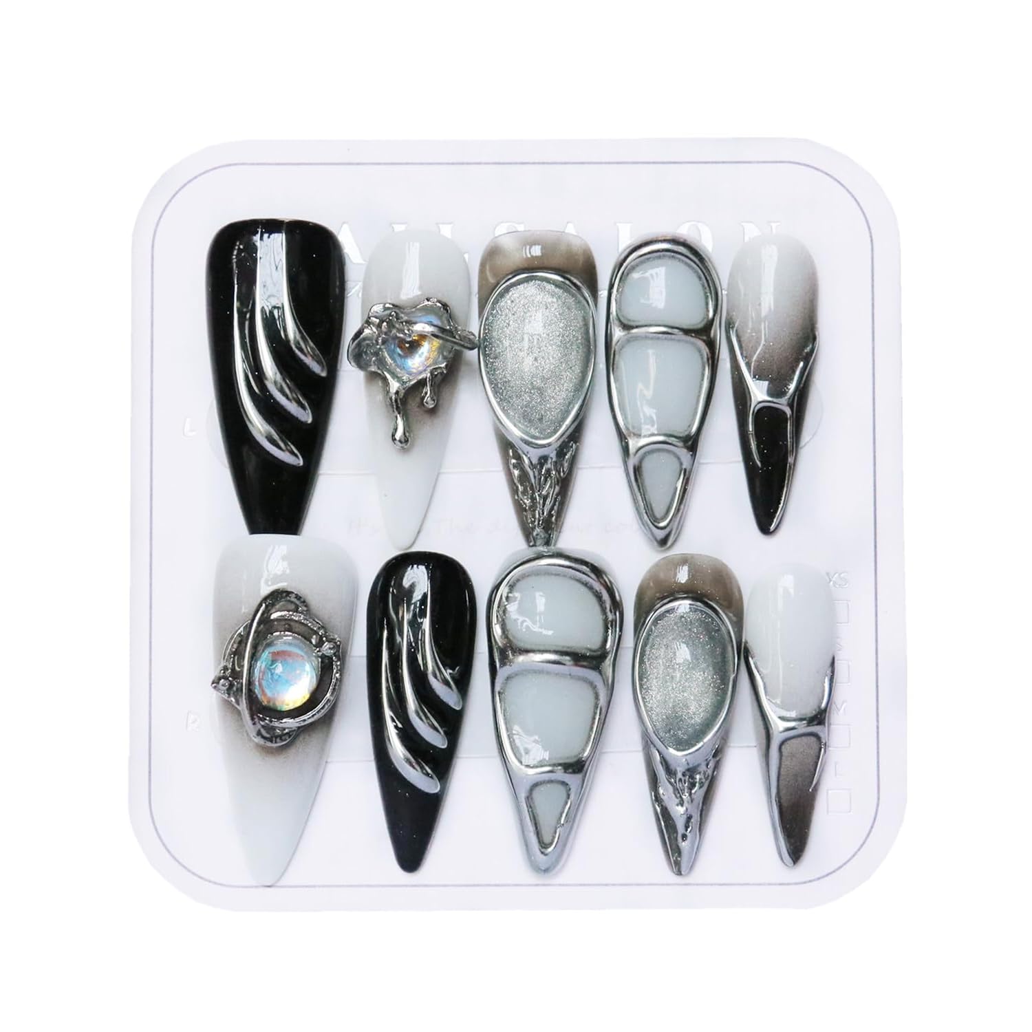 Luxury Handmade Press on Nails Black White Almond Tip Stiletto 3D Chrome Cyber Goth Glossy Long Silvery Fake Nails Rhinestones Reusable Acrylic Nail Tips for Women 10pcs (A70, L)