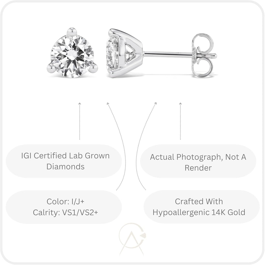 IGI Certified 1.50 to 4.00 Carat Lab Grown Diamond Round Stud Earrings for Women I 14k White Gold Earrings for Her (I-J, VS1-VS2, cttw) 3-Prong Martini Set Diamond I Push Back Studs
