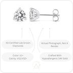 IGI Certified 1.50 to 4.00 Carat Lab Grown Diamond Round Stud Earrings for Women I 14k White Gold Earrings for Her (I-J, VS1-VS2, cttw) 3-Prong Martini Set Diamond I Push Back Studs