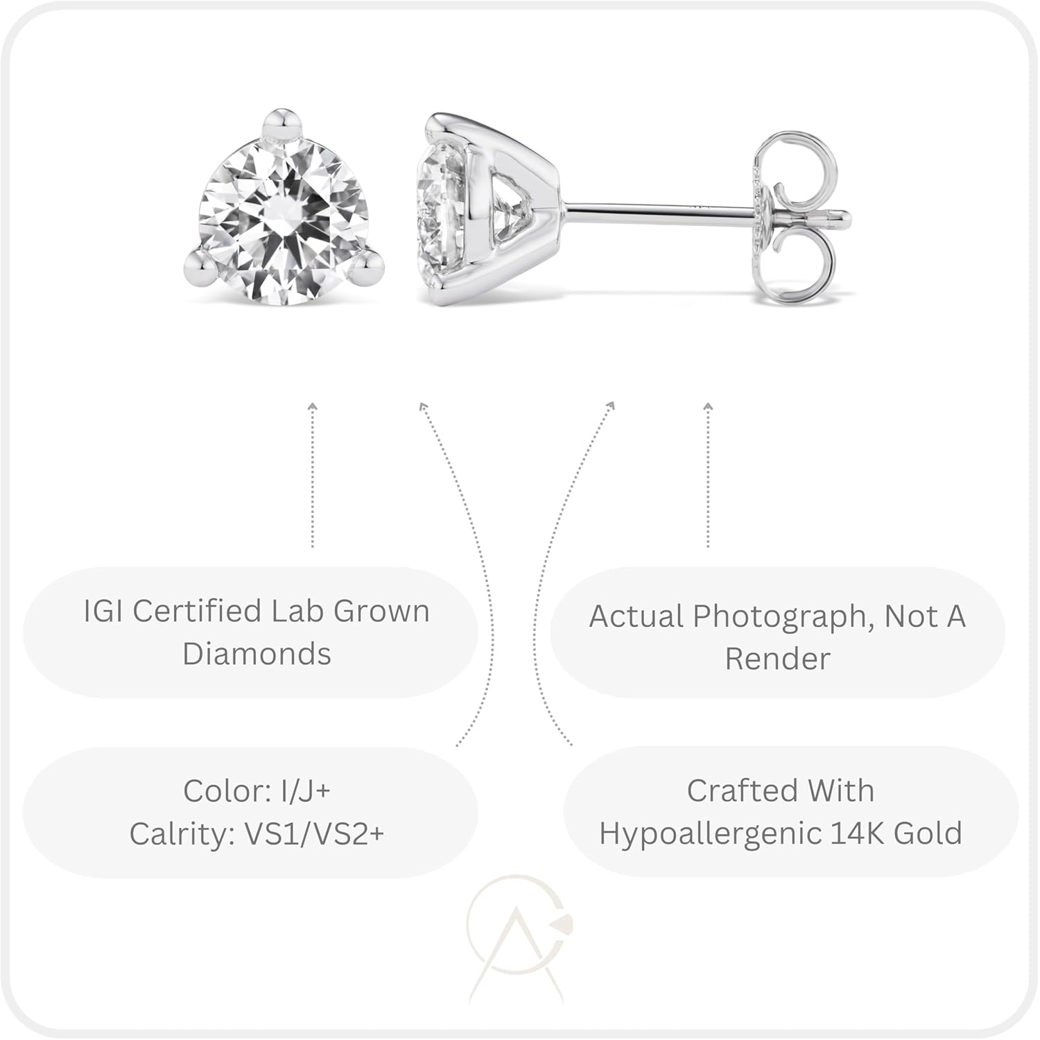 IGI Certified 1.50 to 4.00 Carat Lab Grown Diamond Round Stud Earrings for Women I 14k White Gold Earrings for Her (I-J, VS1-VS2, cttw) 3-Prong Martini Set Diamond I Push Back Studs