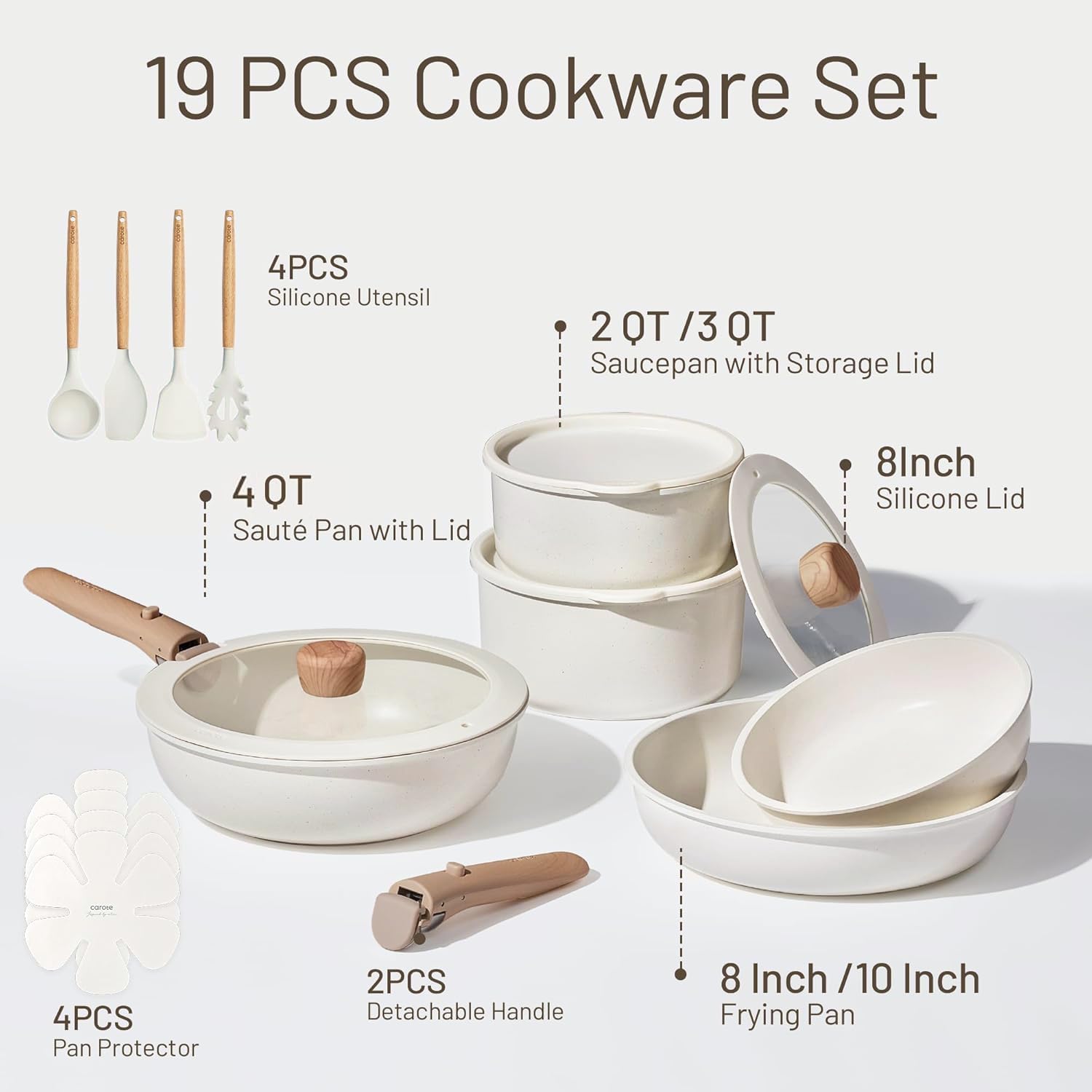 Carote 19Pcs Pots And Pans Non Stick, Cookware Sets Detachable Handle, Induction Kitchen Pots And Pans,Nonstick Cooking Set, Oven/Dishwasher/Fridge Safe, Space Saving