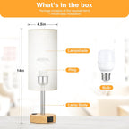 Bedside Table Lamp For Bedroom - 3 Way Dimmable Touch Lamp Usb C Charging Ports And Ac Outlet, Small Lamp Wood Base Round Flaxen Fabric Shade For Living Room, Desk, Led Bulb Included