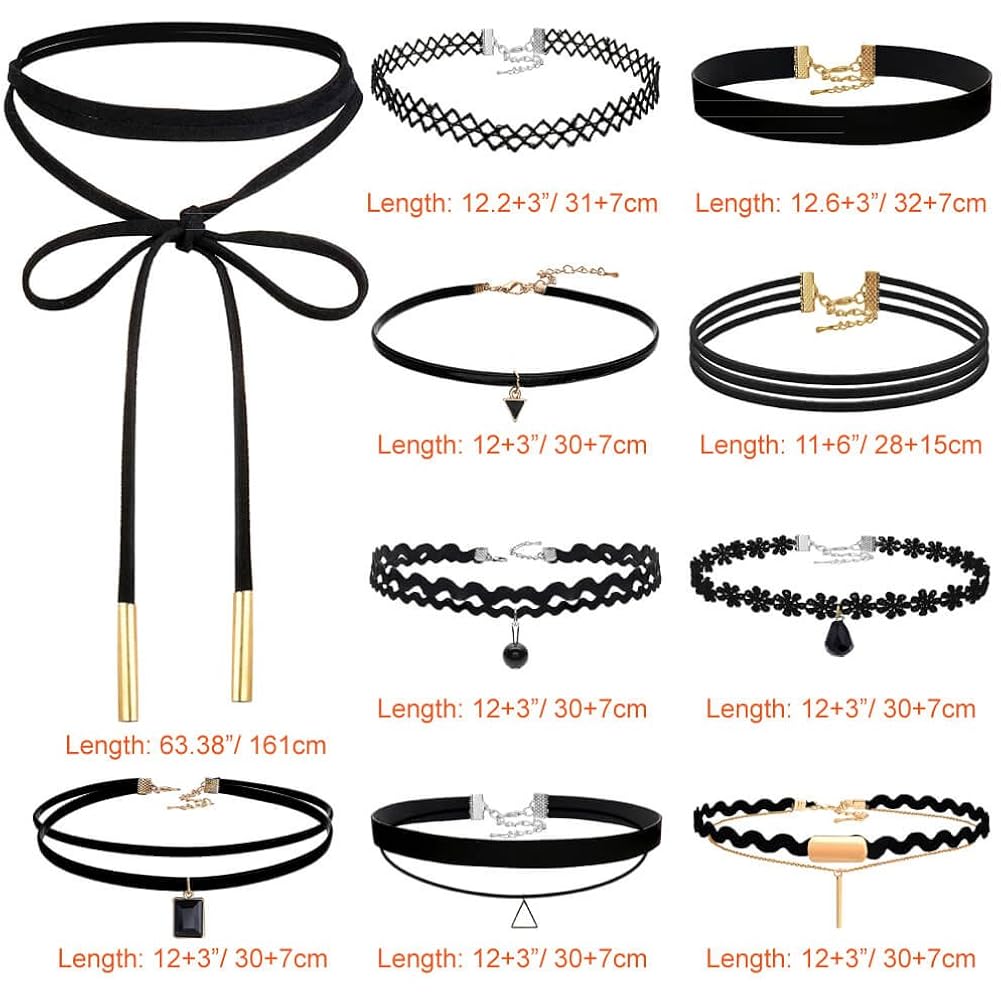 PAXCOO 10PCS Black Velvet Choker Necklaces with A Stroage Bag for Women
