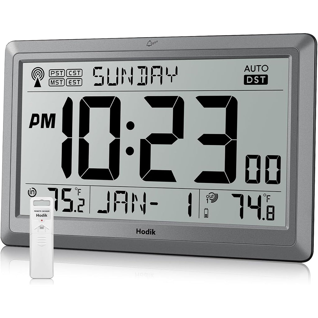 Atomic Wall Clock With Indoor Outdoor Temperature, 10.5 Inch Digital Wall Clock Battery Operated, Dst, 12/24 Hour For Living Room Bedroom (Silver)