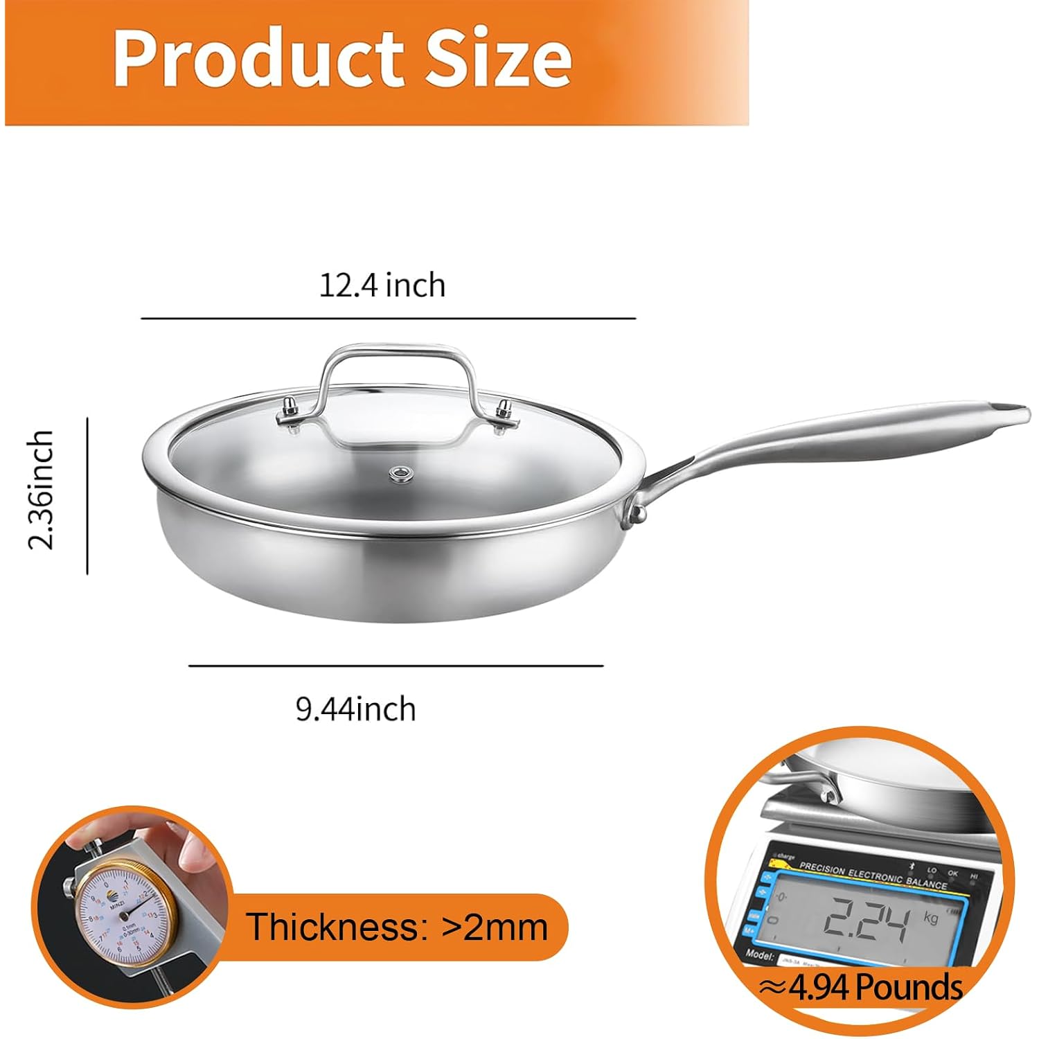 Delarlo Tri-Ply Stainless Steel Pan, 18/10 Frying Pan, Oven Safe Up To 600°F, Nontoxic Cookware, Compatible With All Cooktops Skillet, Durable, Fast Even Heat Fry Pan,12 Inch Pan With Glass Lids