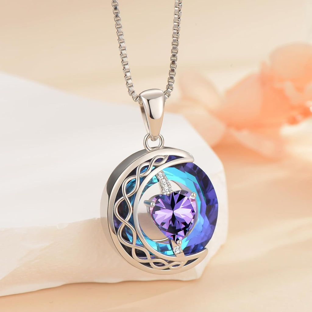 LIANYU Necklace for Womens Blue Sapphire Necklace Moon Pendant S925 Sterling Silver Crystal Jewelry for Women Pendant Birthday Gifts for Wife Gifts Valentine Anniversary