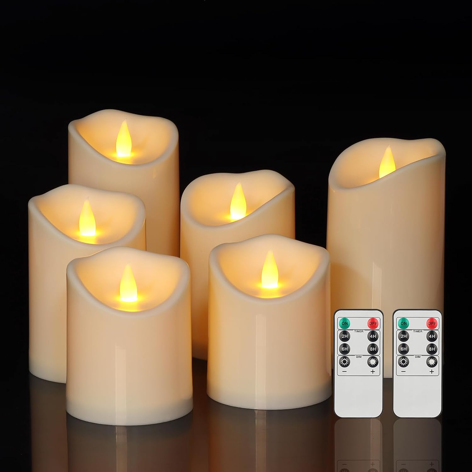 Flameless Candles Set Of 6, Realistic Pillars With Cozy Climbing Flame Effect, Plasic Waterproof Outdoor & Indoor Ambiance With 2 Remotes & Timer For Patio Garden Home Decor (Ivory)