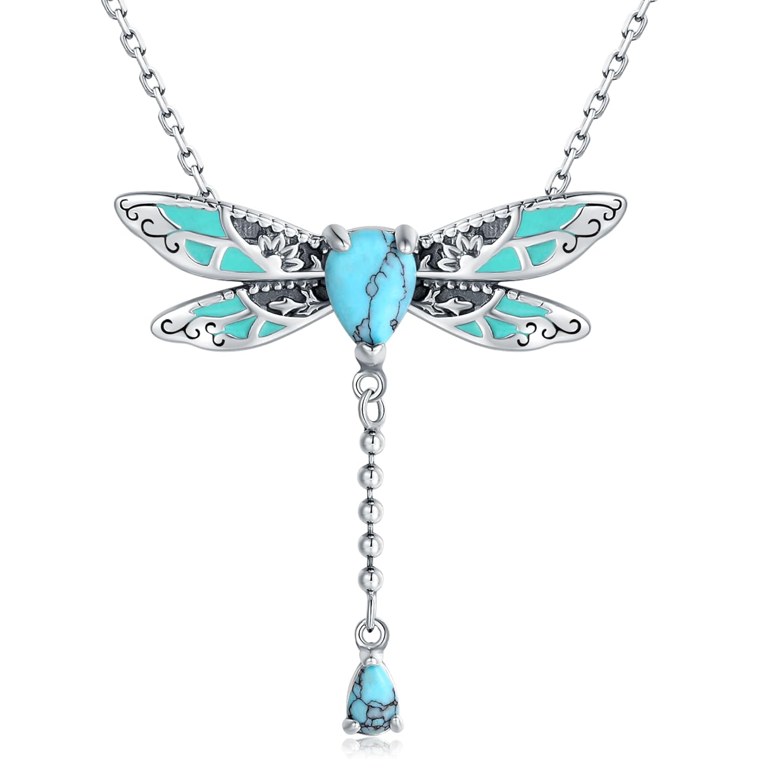 925-Sterling-Silver Turquoise Dragonfly/Hummingbird/Compass/Anchor/Butterfly/Cross/Lotus Necklaces Vintage Boho Pendant Jewelry Victorian Christmas Birthday Gifts for Women